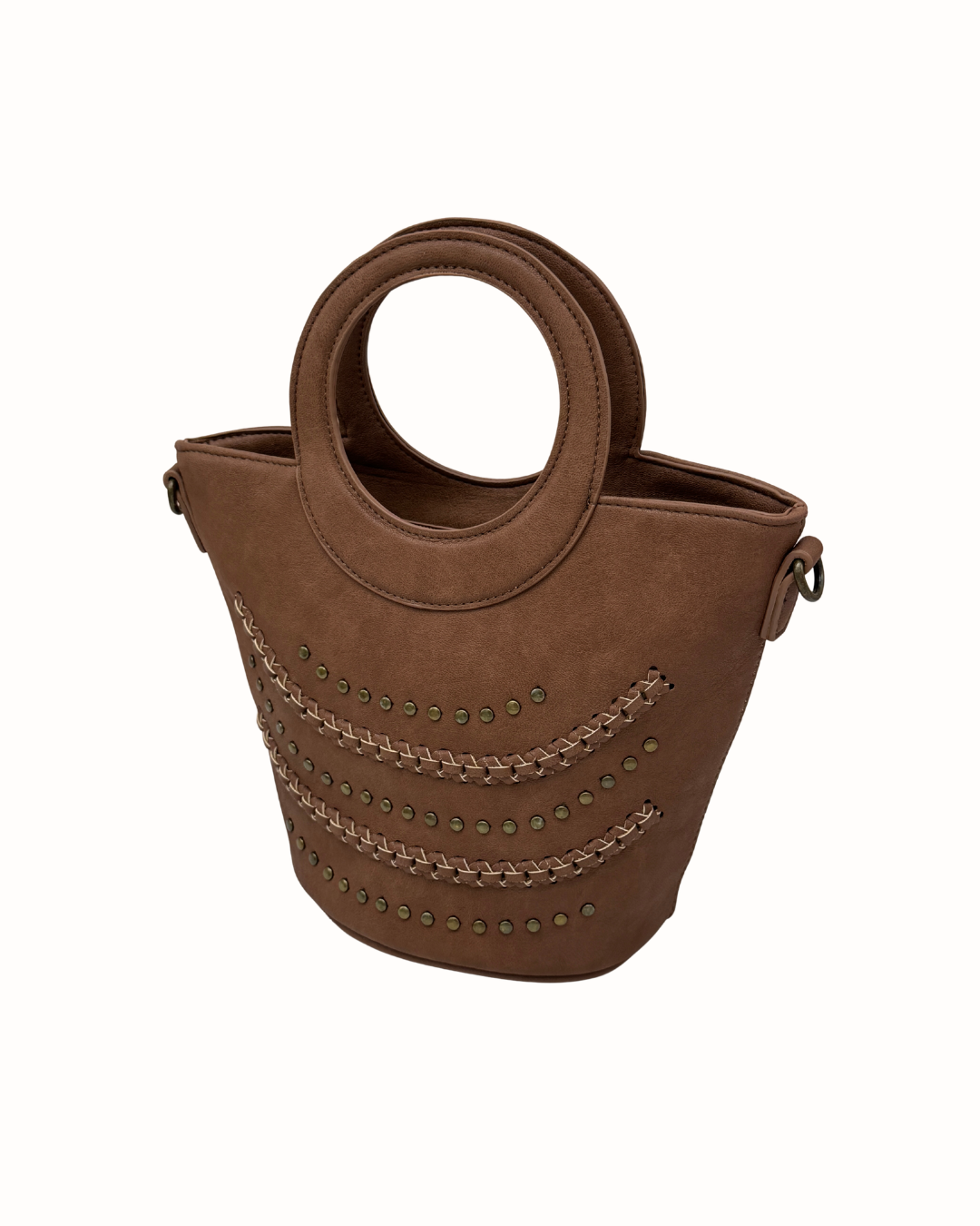Bolso de Mano y Bandolera Camel con Tachuelas y Asa Circular – Estilo Tote