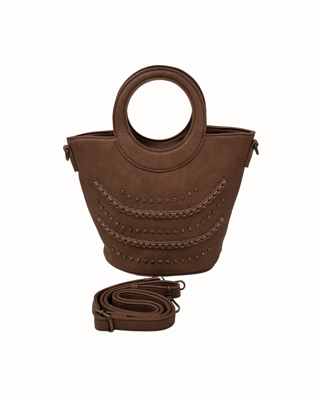 Bolso de Mano y Bandolera Camel con Tachuelas y Asa Circular – Estilo Tote