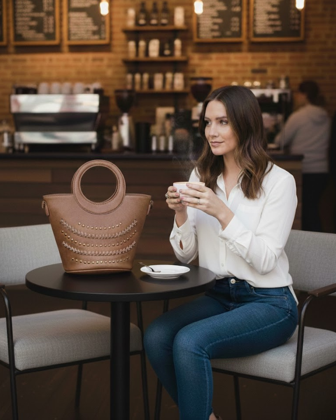 Bolso de Mano y Bandolera Camel con Tachuelas y Asa Circular – Estilo Tote
