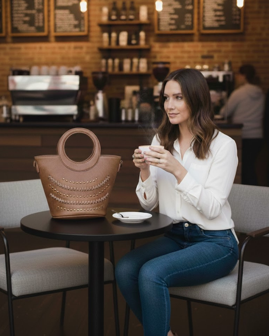 Bolso de Mano y Bandolera Camel con Tachuelas y Asa Circular – Estilo Tote