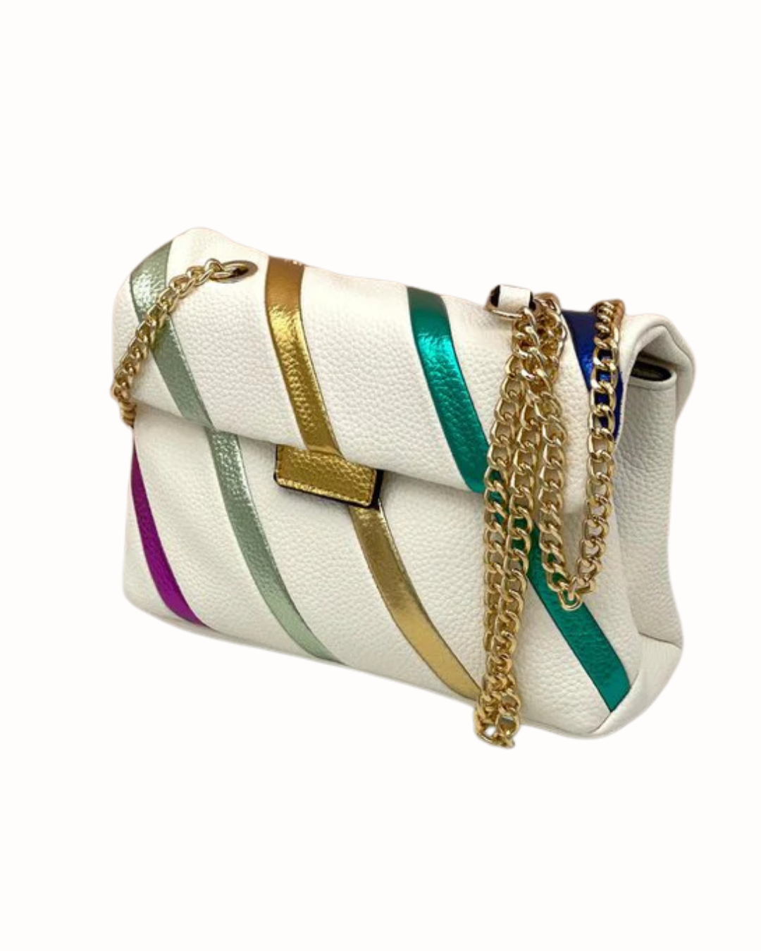 Bolso Bandolera de Piel Blanco Roto con Franjas Metalizadas y Cadena Dorada