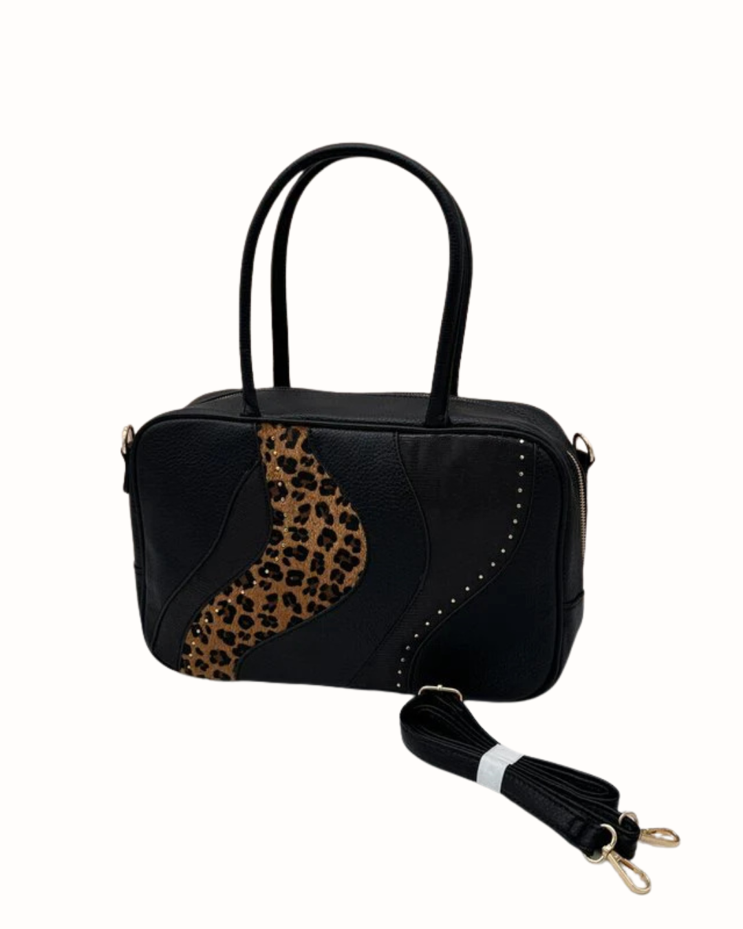 Bolso Bandolera Negro con Estampado de Leopardo y Correa Ajustable