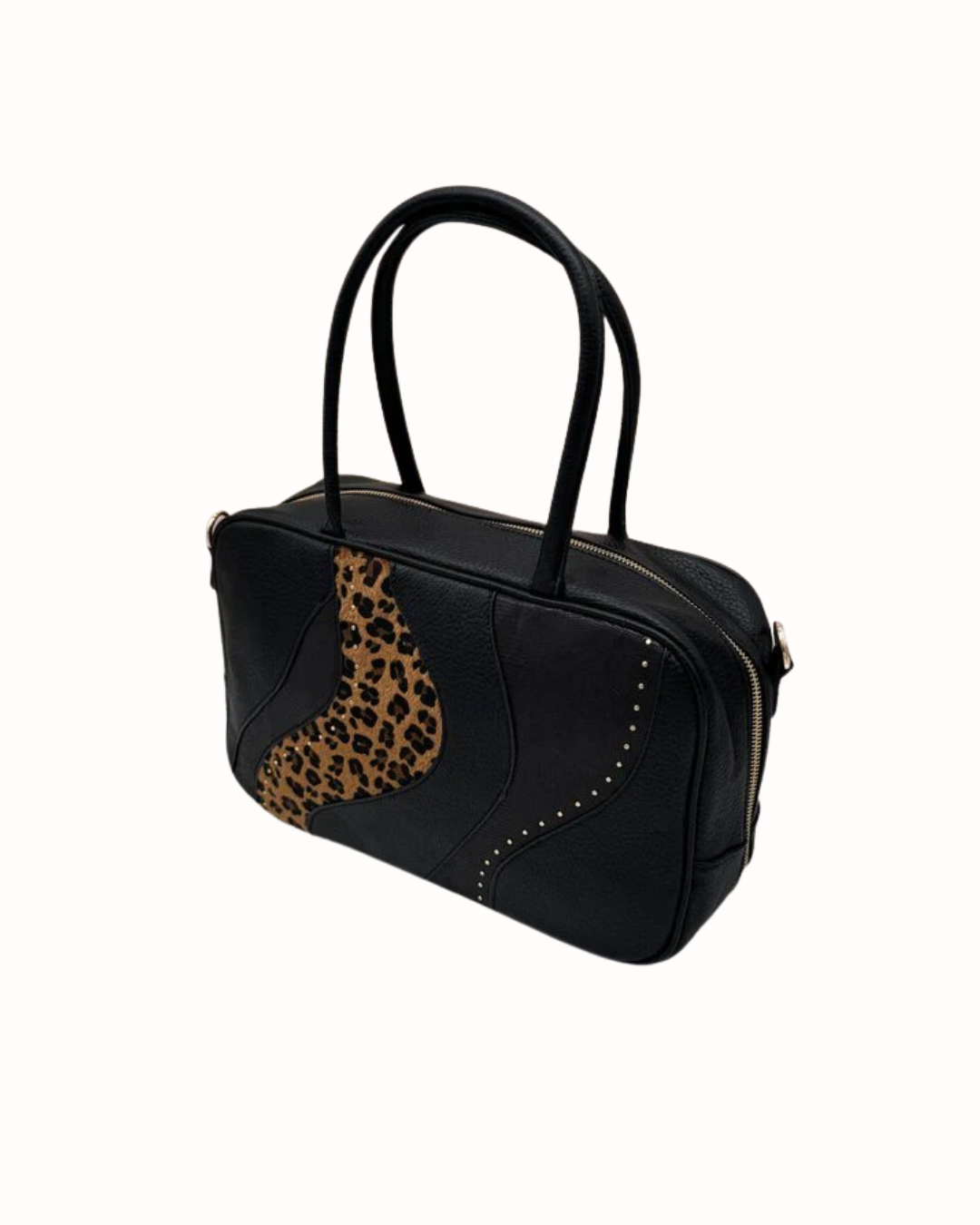 Bolso Bandolera Negro con Estampado de Leopardo y Correa Ajustable