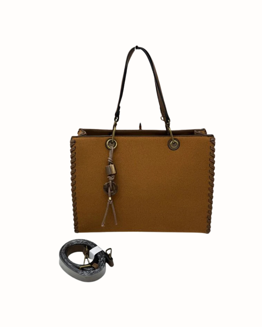 Bolso Shopper y Bandolera VARESE en Antelina Camel con Detalle Trenzado
