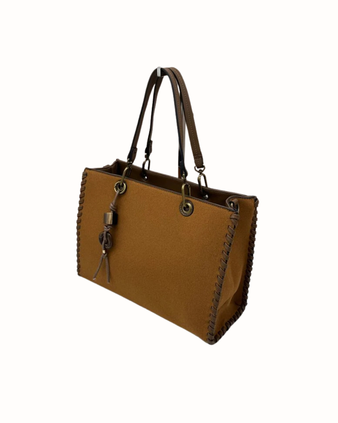 Bolso Shopper y Bandolera VARESE en Antelina Camel con Detalle Trenzado