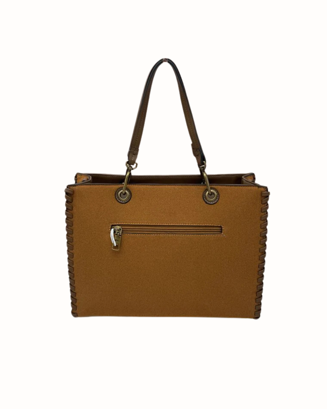 Bolso Shopper y Bandolera VARESE en Antelina Camel con Detalle Trenzado