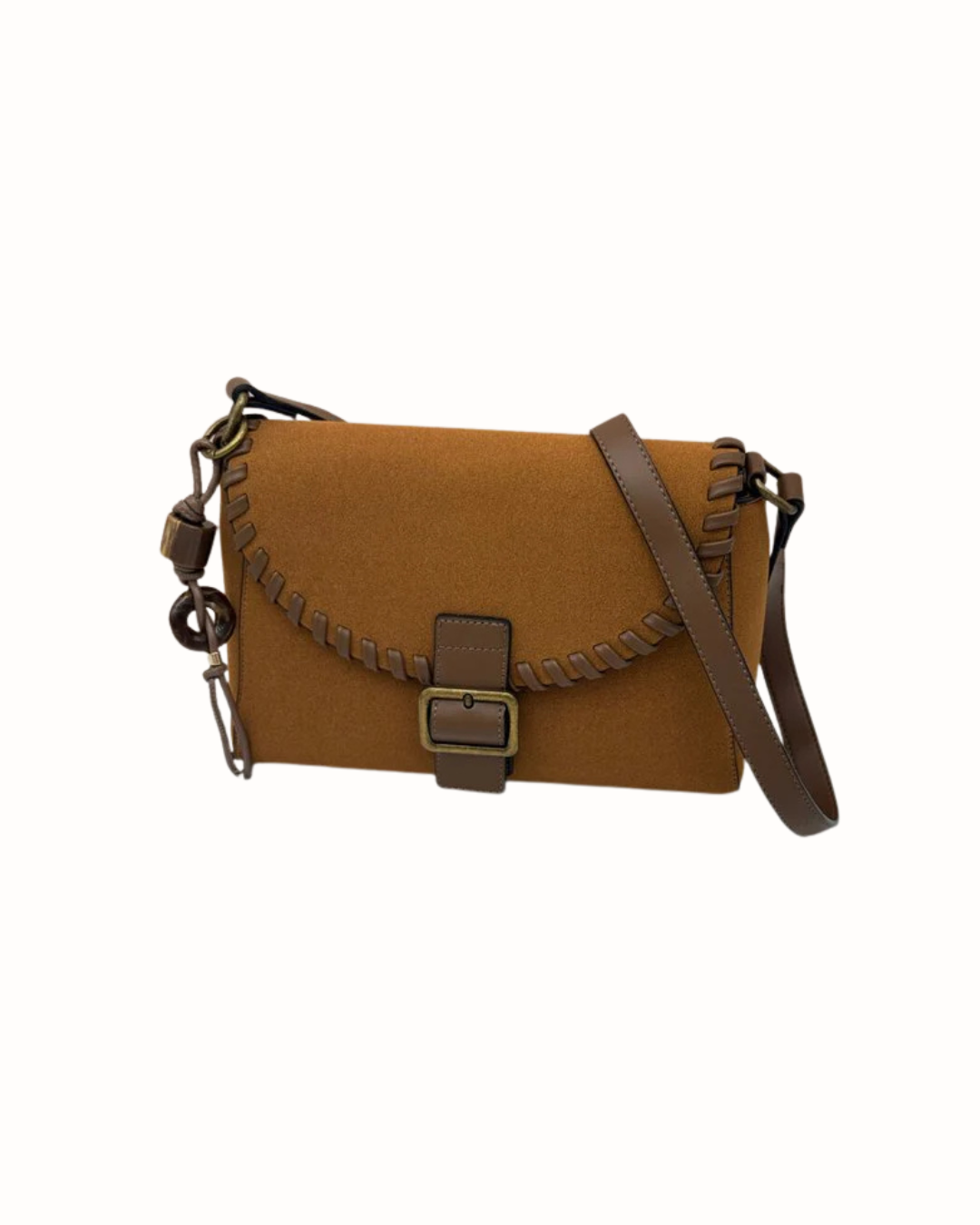 Bolso Bandolera de Ante Marrón con Detalle Trenzado y Hebilla Boho