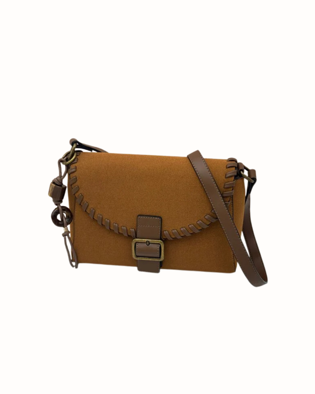 Bolso Bandolera de Ante Marrón con Detalle Trenzado y Hebilla Boho