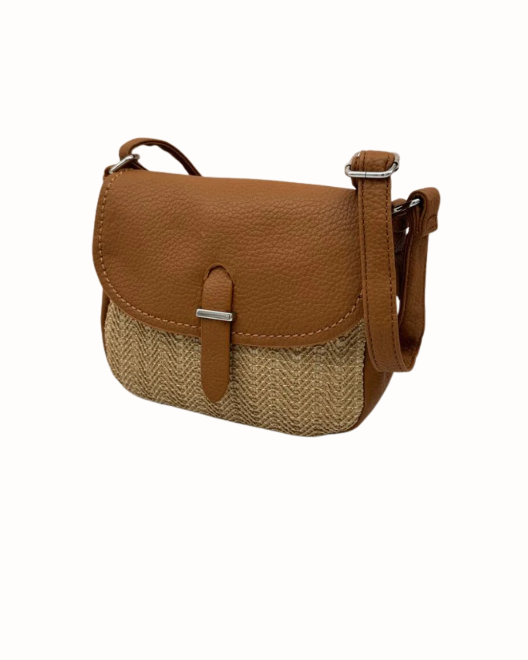 Bolso Bandolera de Rafia y Piel Camel con Textura Espiga