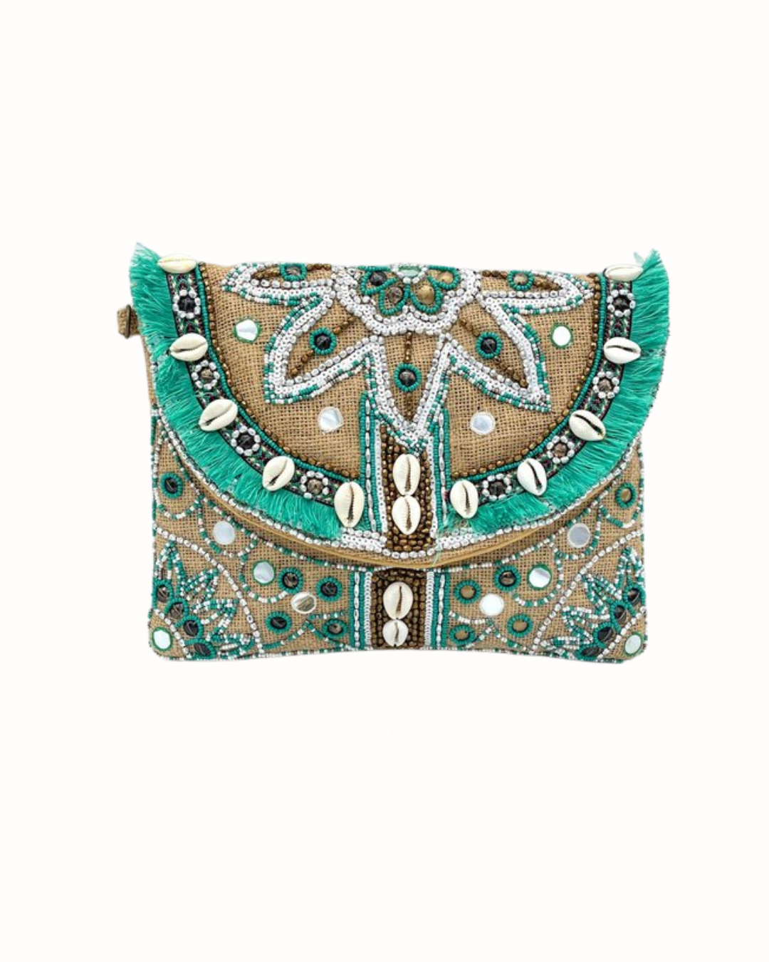 Bolso Clutch de Fiesta en Yute Natural con Pedrería y Conchas - Colección Narella