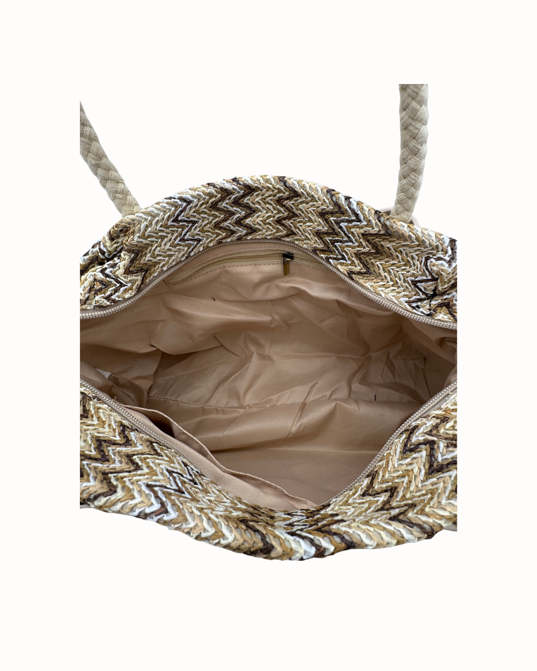 Bolso Shopper de Rafia con Estampado Zigzag y Asas de Cuerda – Estilo Boho Chic