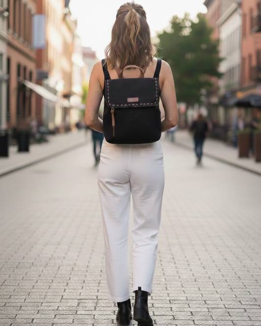 Mochila de Mujer Negra Efecto Ante - Bolso Mochila Vintage Antirrobo