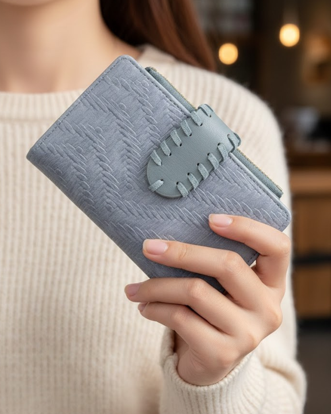 Billetera de Cuero Texturizado Azul Pastel con Cierre Artesanal y Monedero