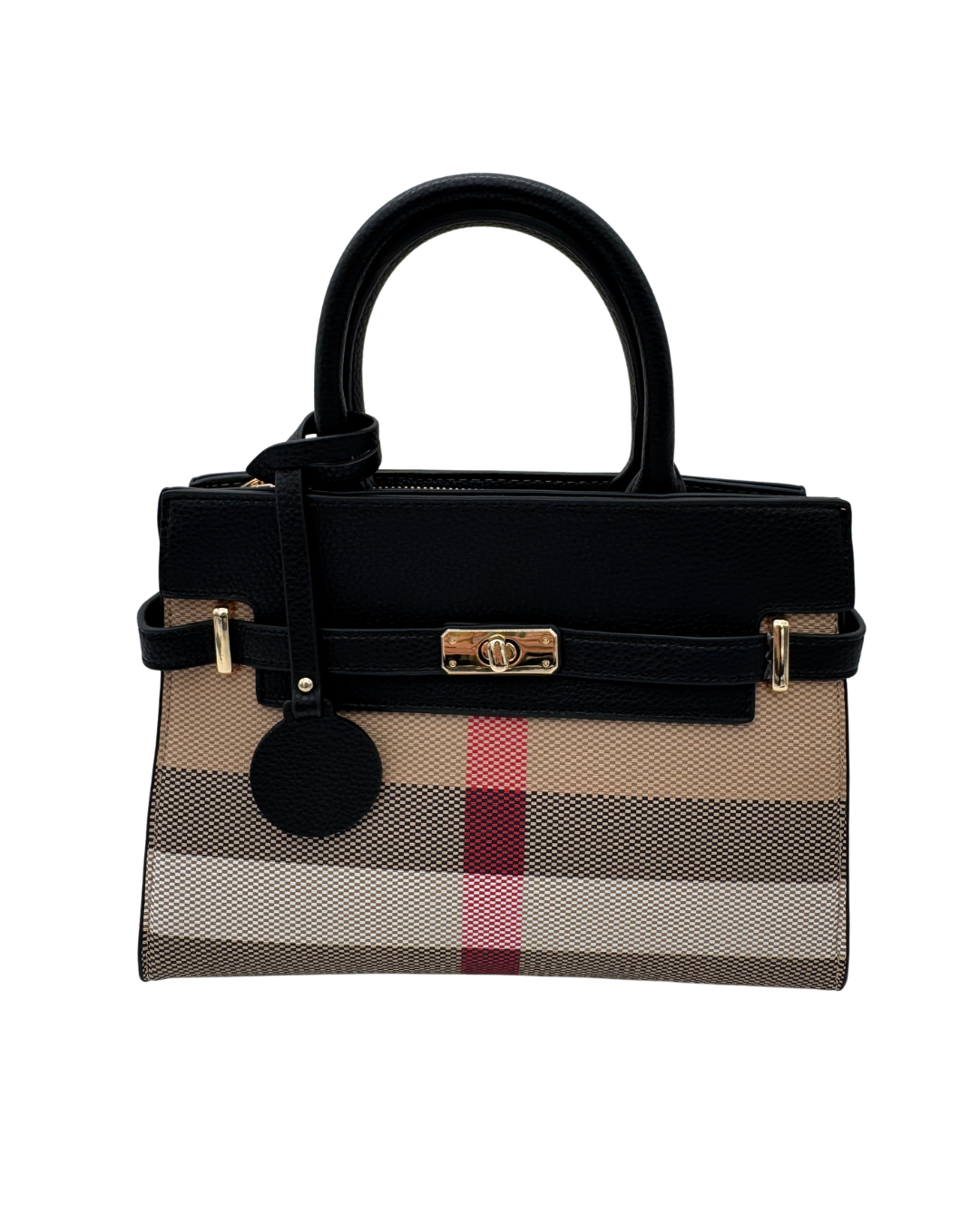 Bolso Bandolera Satchel con Estampado de Cuadros y Detalles en Cuero Negro