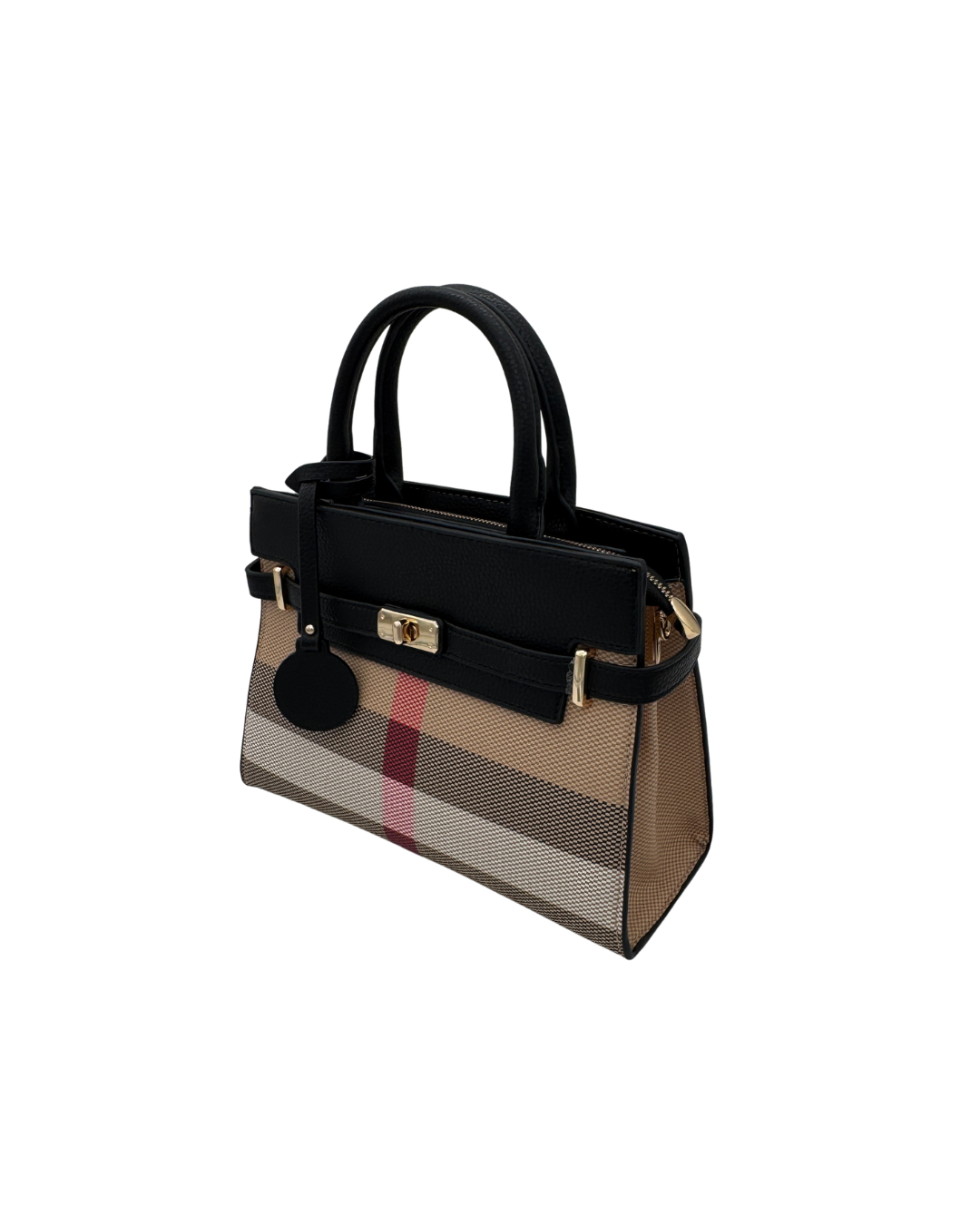 Bolso Bandolera Satchel con Estampado de Cuadros y Detalles en Cuero Negro