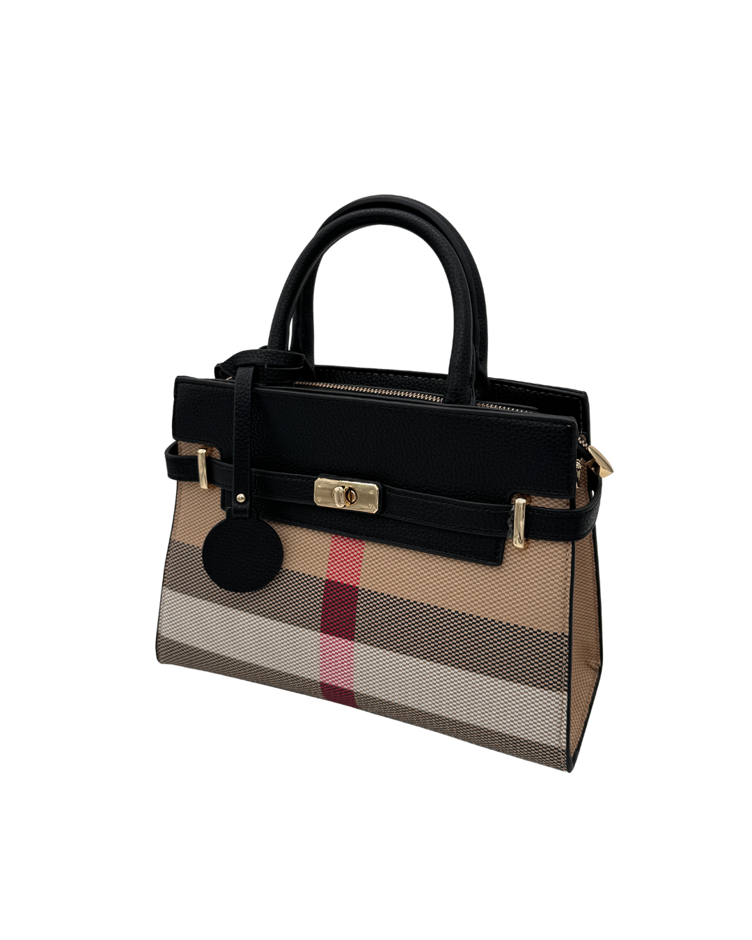 Bolso Bandolera Satchel con Estampado de Cuadros y Detalles en Cuero Negro