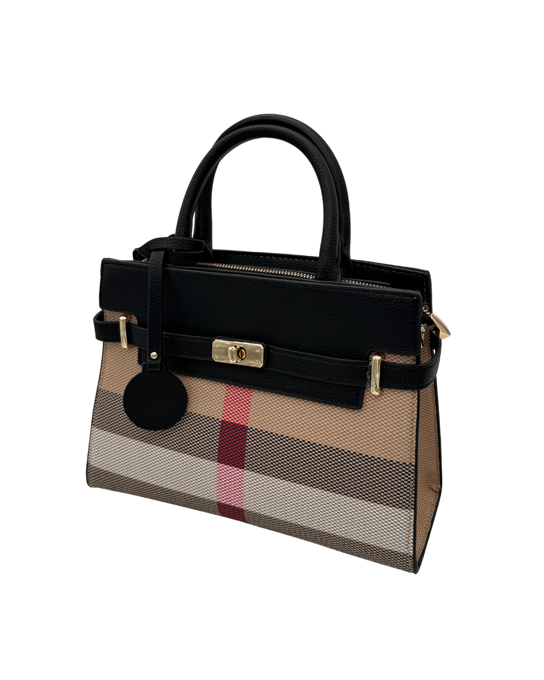 Bolso Bandolera Satchel con Estampado de Cuadros y Detalles en Cuero Negro