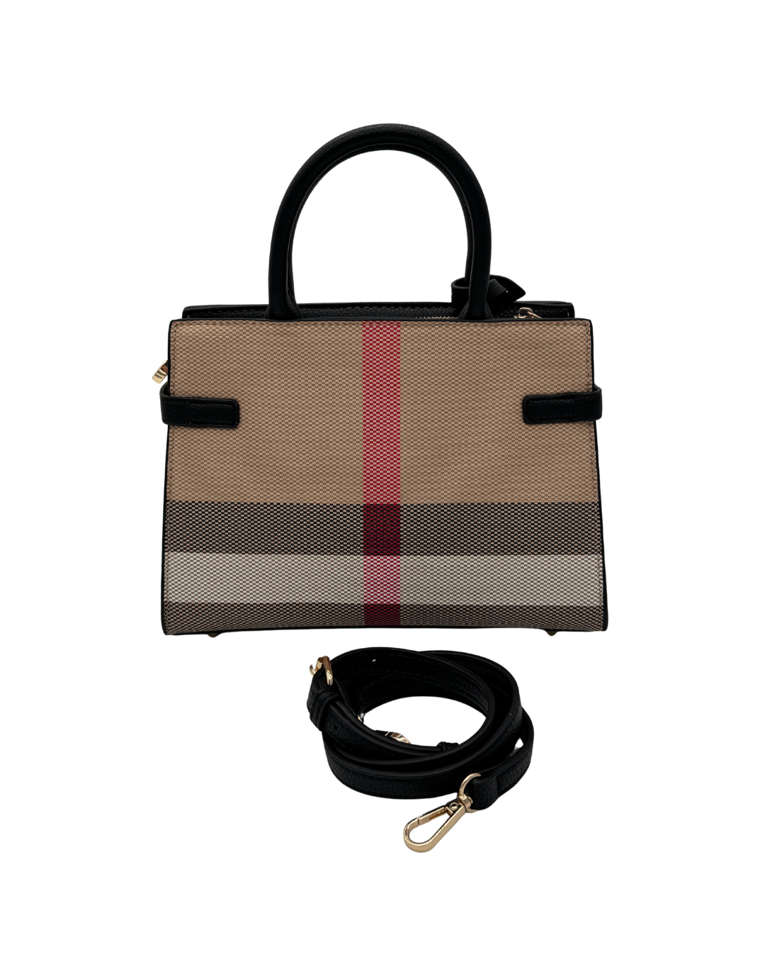 Bolso Bandolera Satchel con Estampado de Cuadros y Detalles en Cuero Negro