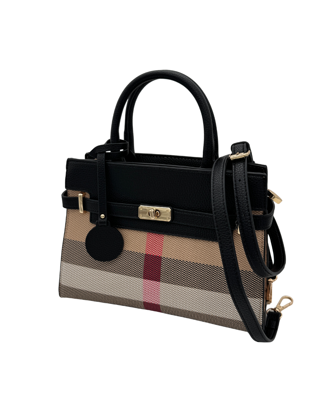 Bolso Bandolera Satchel con Estampado de Cuadros y Detalles en Cuero Negro