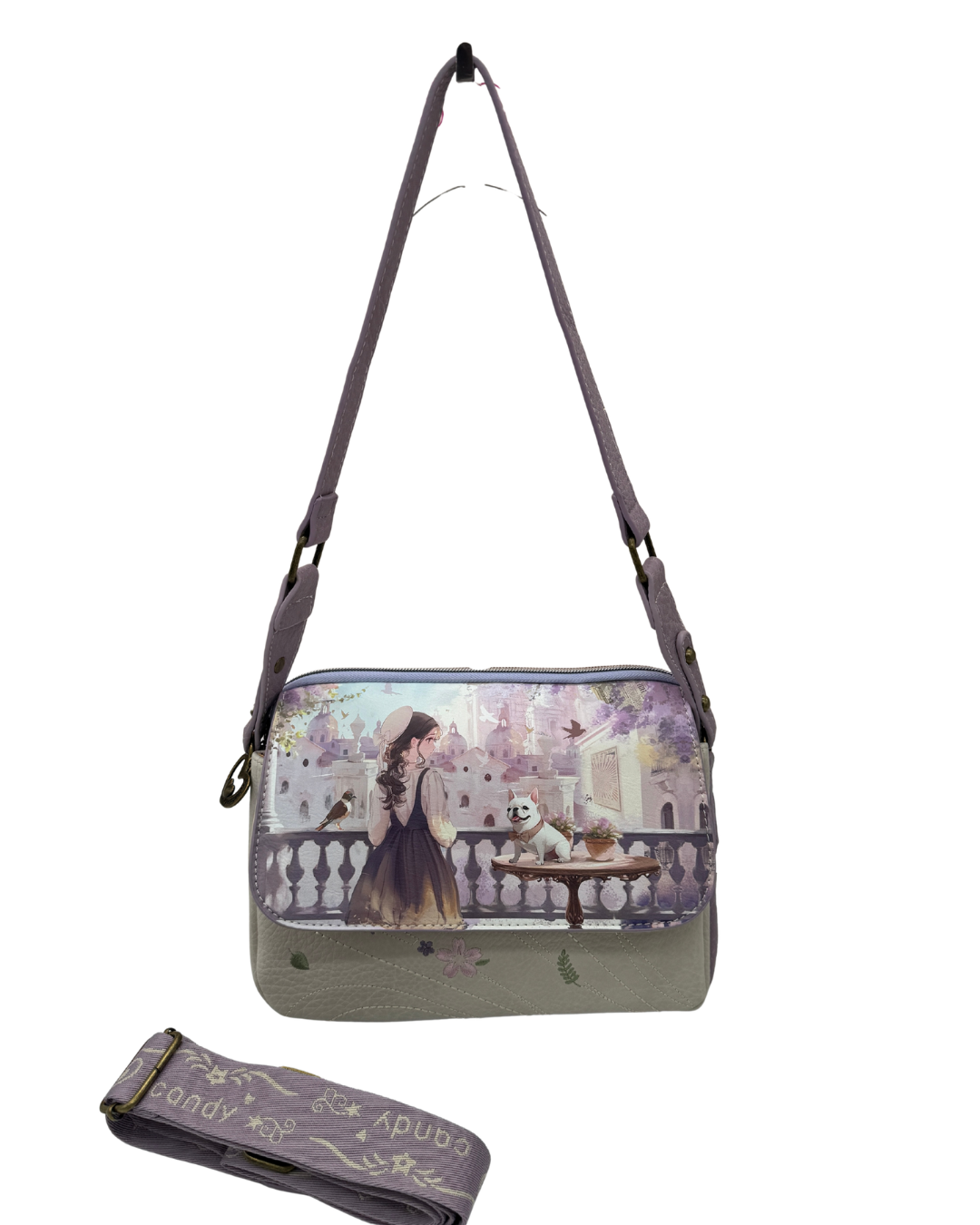 Bandolera Sweet Candy con Triple Compartimento - Diseño Ilustrado Niña y Bulldog Francés
