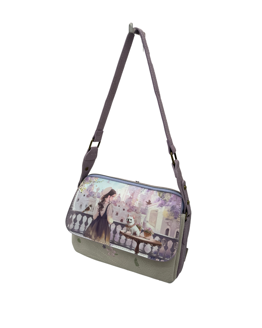 Bandolera Sweet Candy con Triple Compartimento - Diseño Ilustrado Niña y Bulldog Francés