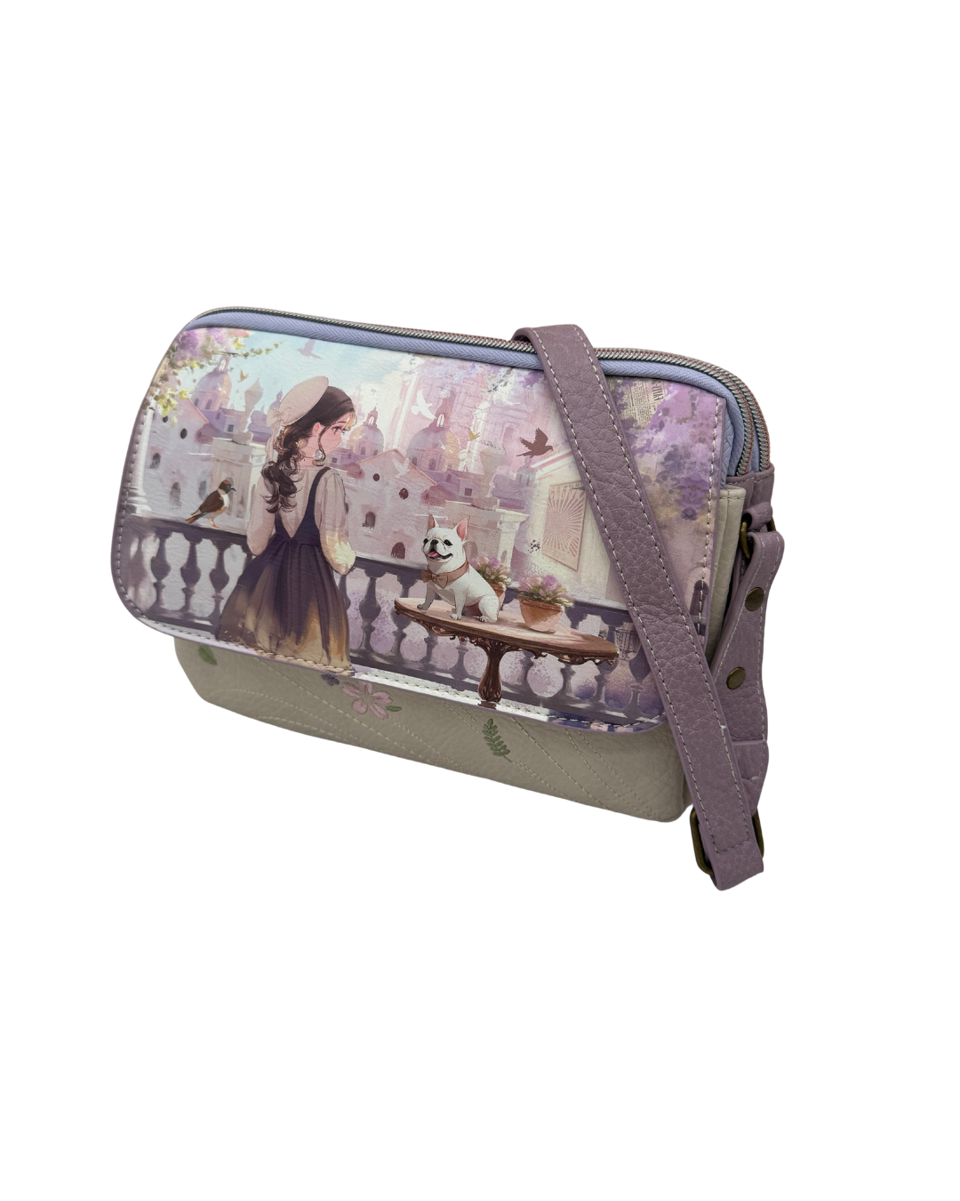 Bandolera Sweet Candy con Triple Compartimento - Diseño Ilustrado Niña y Bulldog Francés