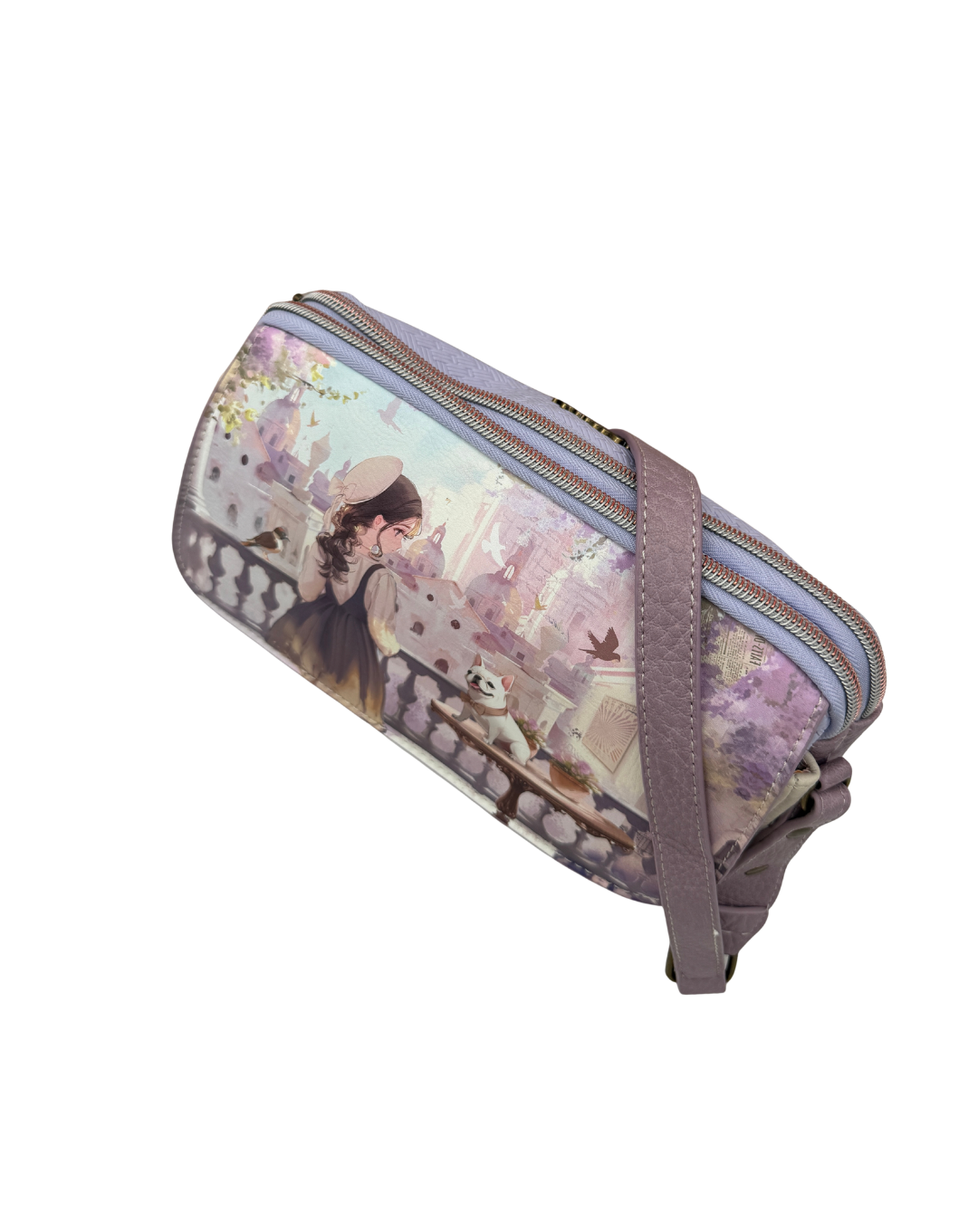 Bandolera Sweet Candy con Triple Compartimento - Diseño Ilustrado Niña y Bulldog Francés