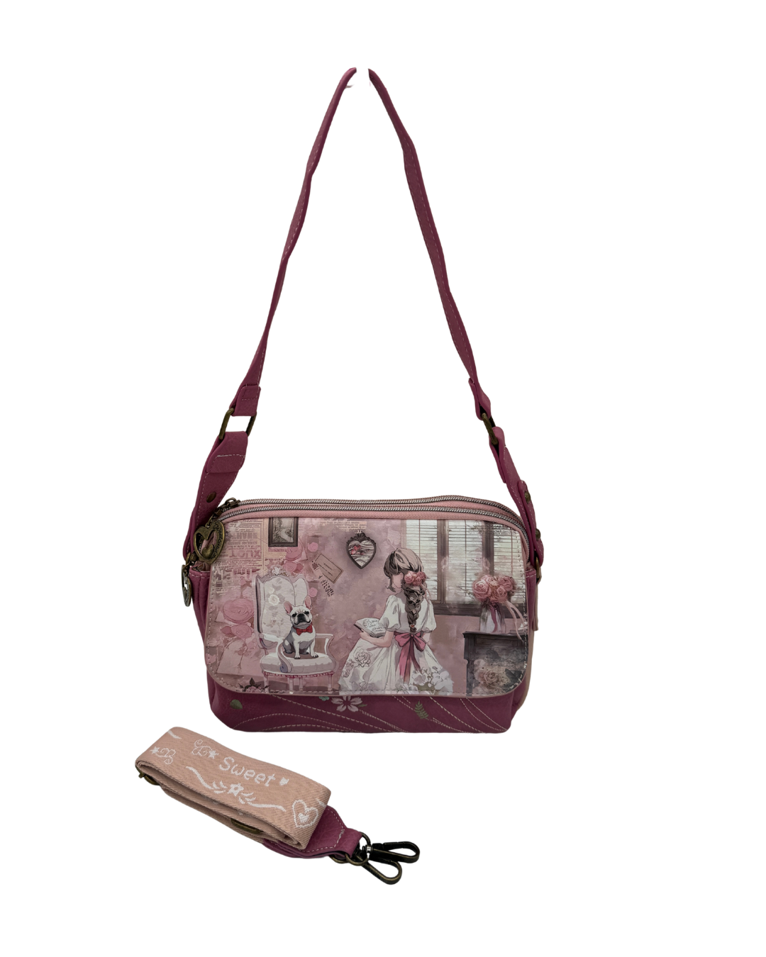Bolso Bandolera Sweet Candy Vintage Rosa - Diseño Niña y Perrito con Doble Asa