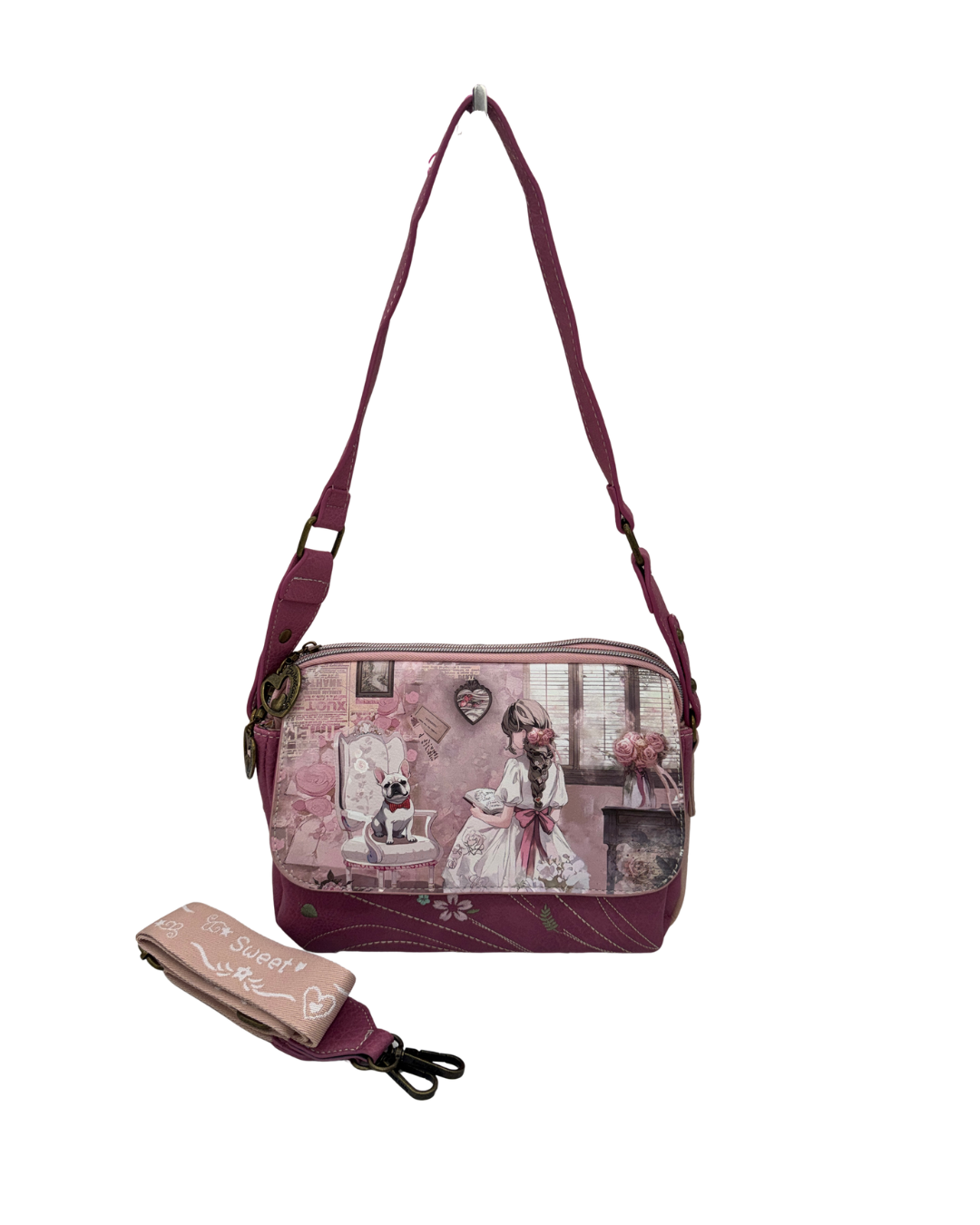 Bolso Bandolera Sweet Candy Vintage Rosa - Diseño Niña y Perrito con Doble Asa