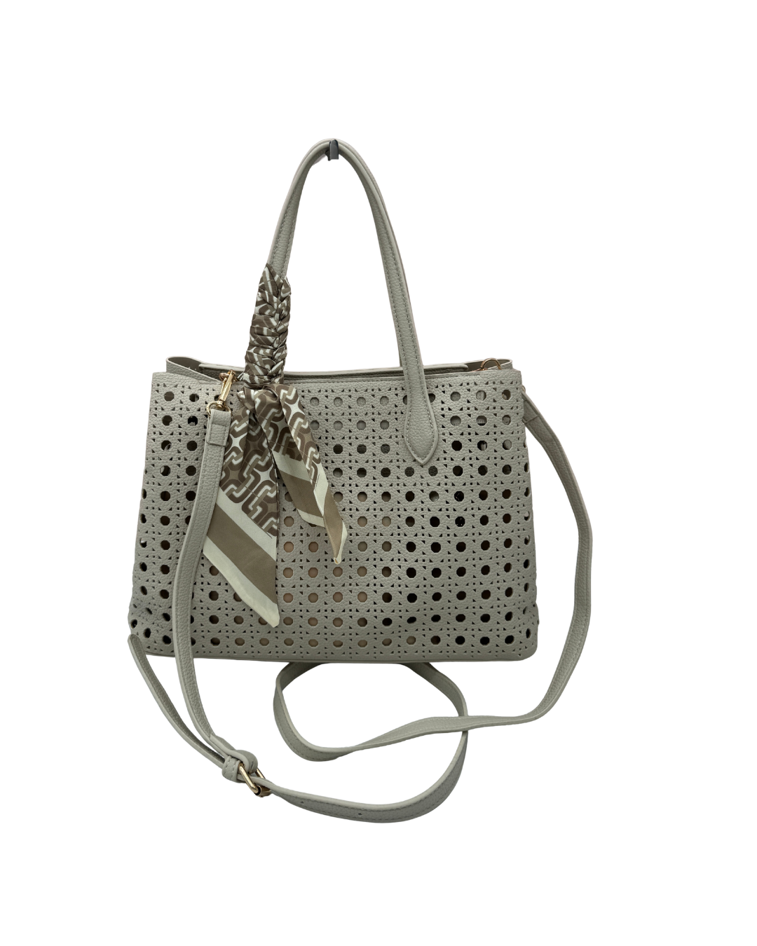Bolso Tote Troquelado Blanco Roto con Pañuelo y Bandolera – Elegancia y Capacidad