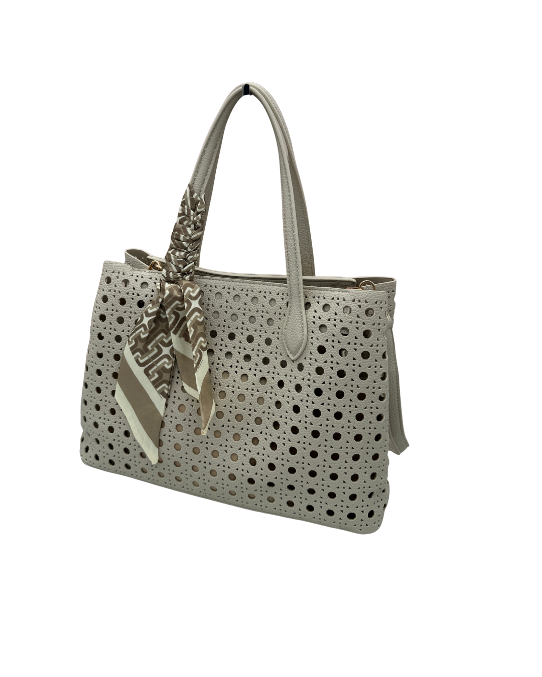 Bolso Tote Troquelado Blanco Roto con Pañuelo y Bandolera – Elegancia y Capacidad