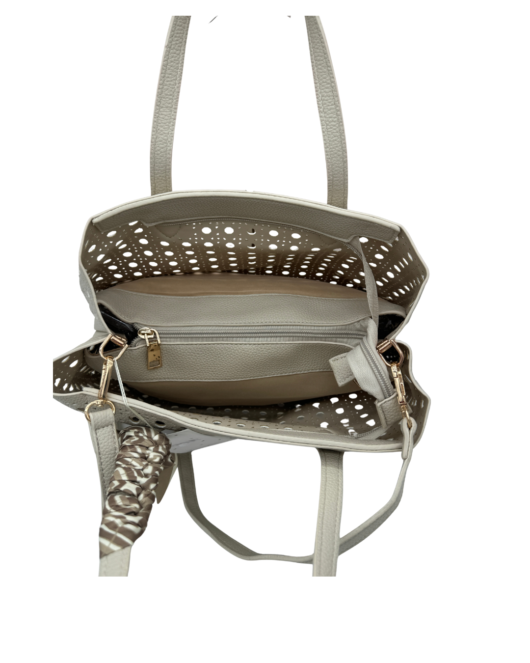 Bolso Tote Troquelado Blanco Roto con Pañuelo y Bandolera – Elegancia y Capacidad