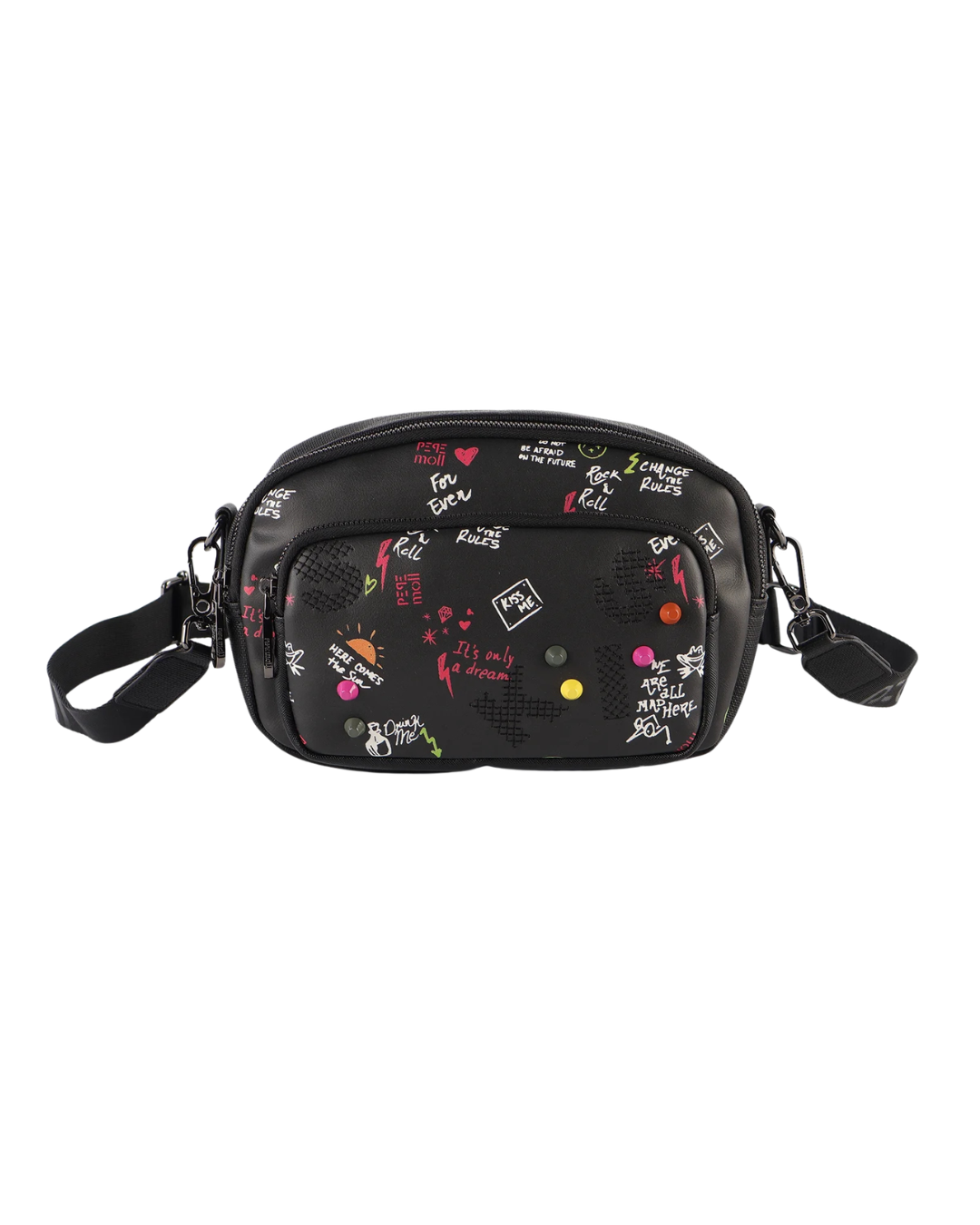 Bolso Bandolera Pepe Moll Negro - Estampado Graffiti con Doble Compartimento