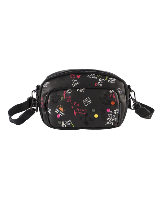 Bolso Bandolera Pepe Moll Negro - Estampado Graffiti con Doble Compartimento