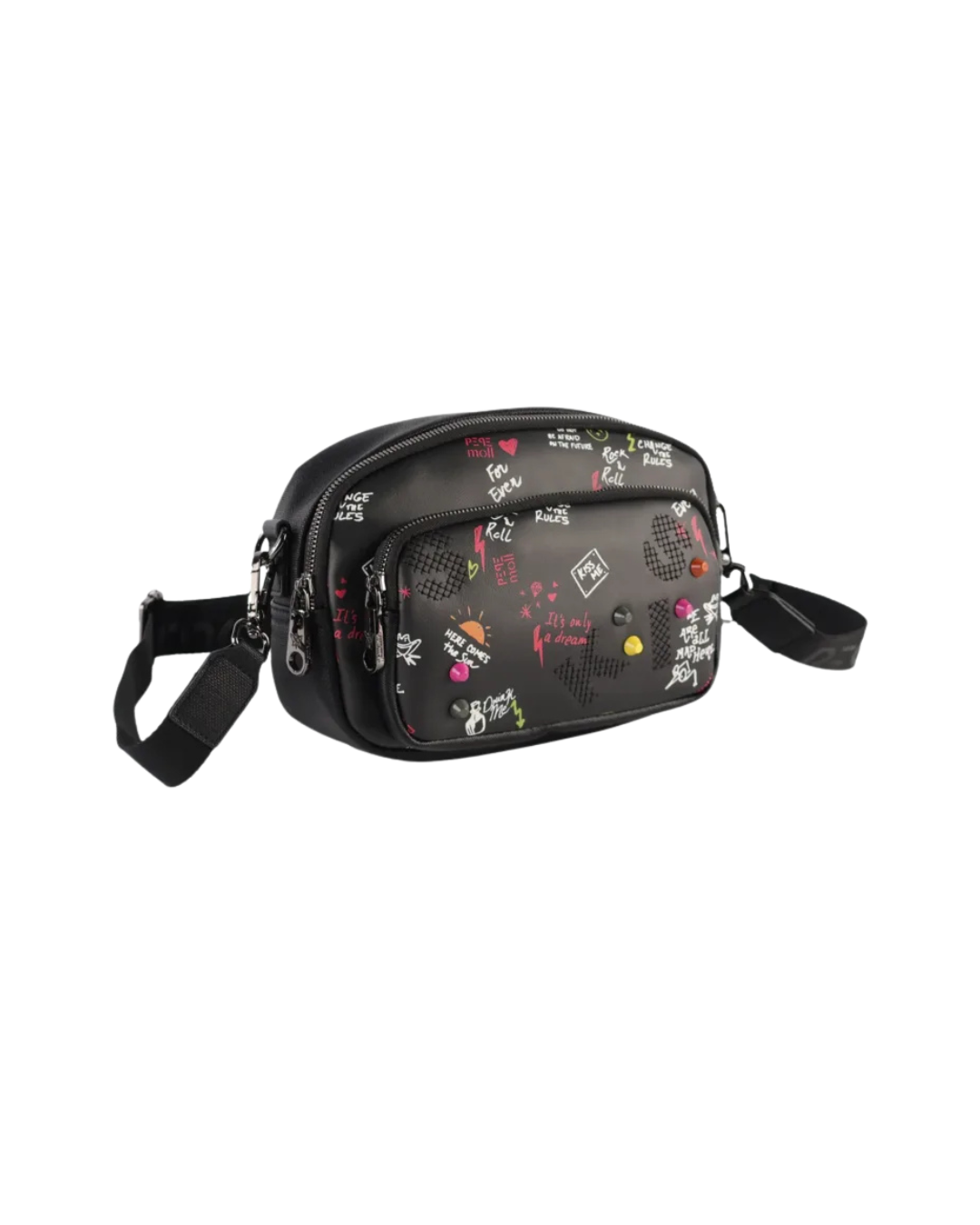 Bolso Bandolera Pepe Moll Negro - Estampado Graffiti con Doble Compartimento