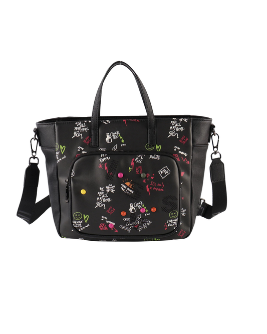 Bolso de Mano y Bandolera Pepe Moll para Mujer - Bolso Negro con Estampado y Asa Ajustable