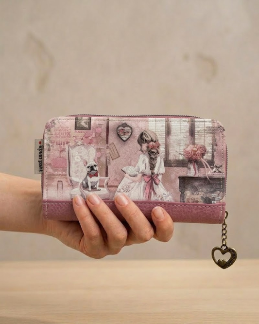 Cartera Billetera Sweet Candy Rosa - Diseño Vintage "Tarde en Casa" con Grabado Floral y Cierre de Corazón