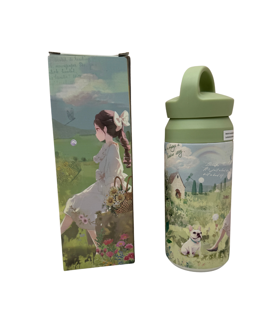 Botella Térmica Sweet Candy - Diseño Vintage de Niña y Perrito - Acero Inoxidable - Verde