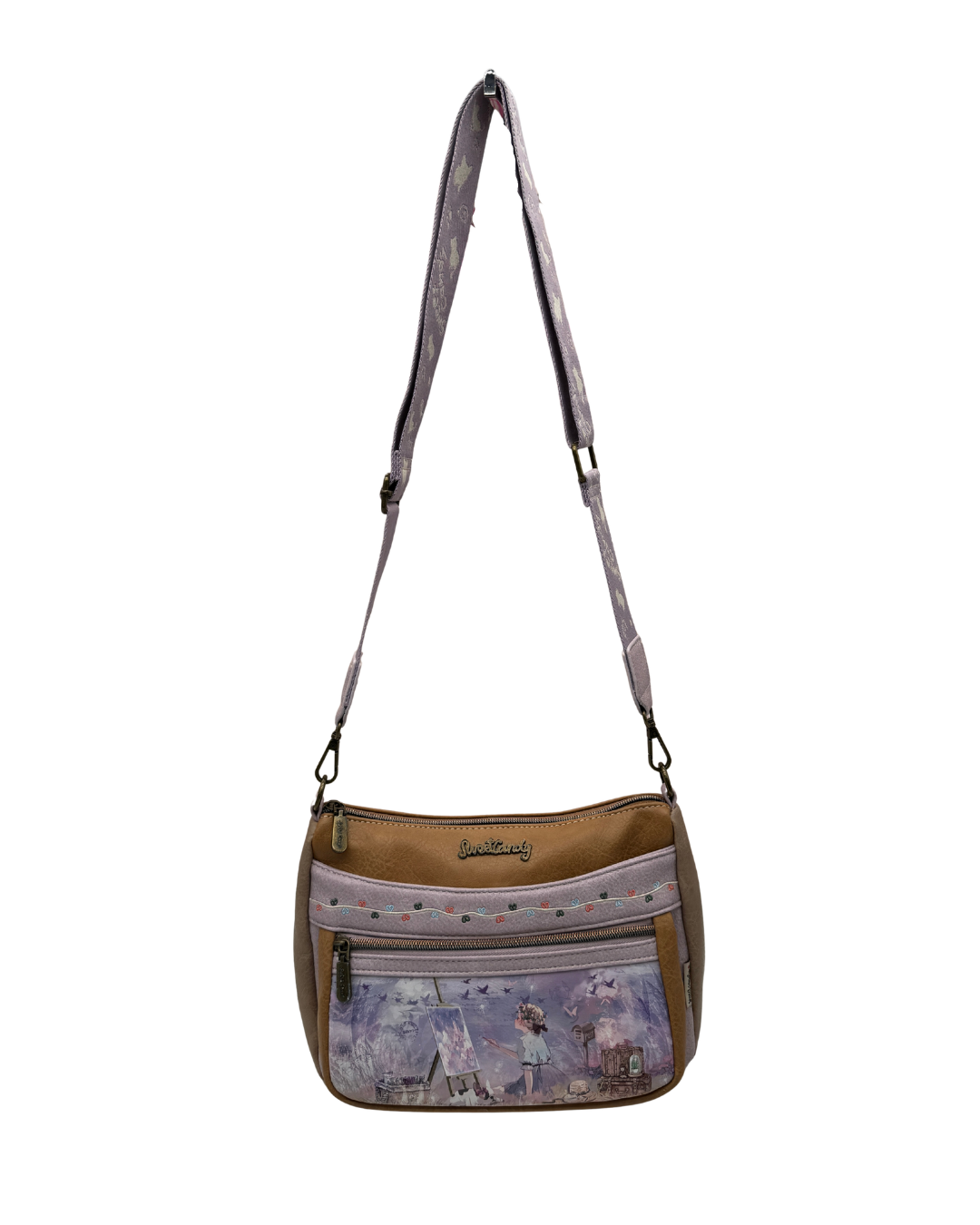 Bolso Bandolera Sweet Candy - Diseño Ilustrado Vintage y Detalles Bordados - Lila