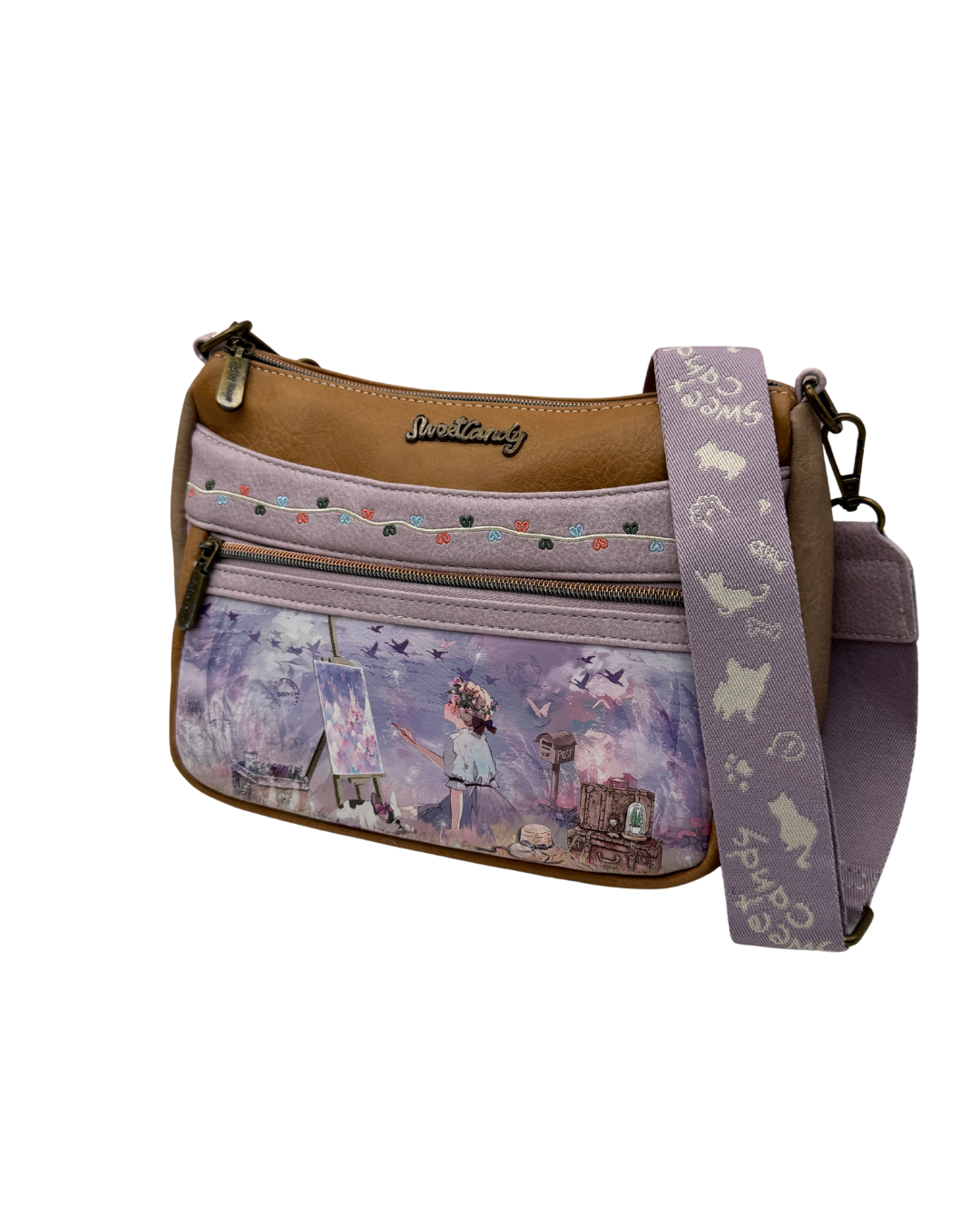 Bolso Bandolera Sweet Candy - Diseño Ilustrado Vintage y Detalles Bordados - Lila