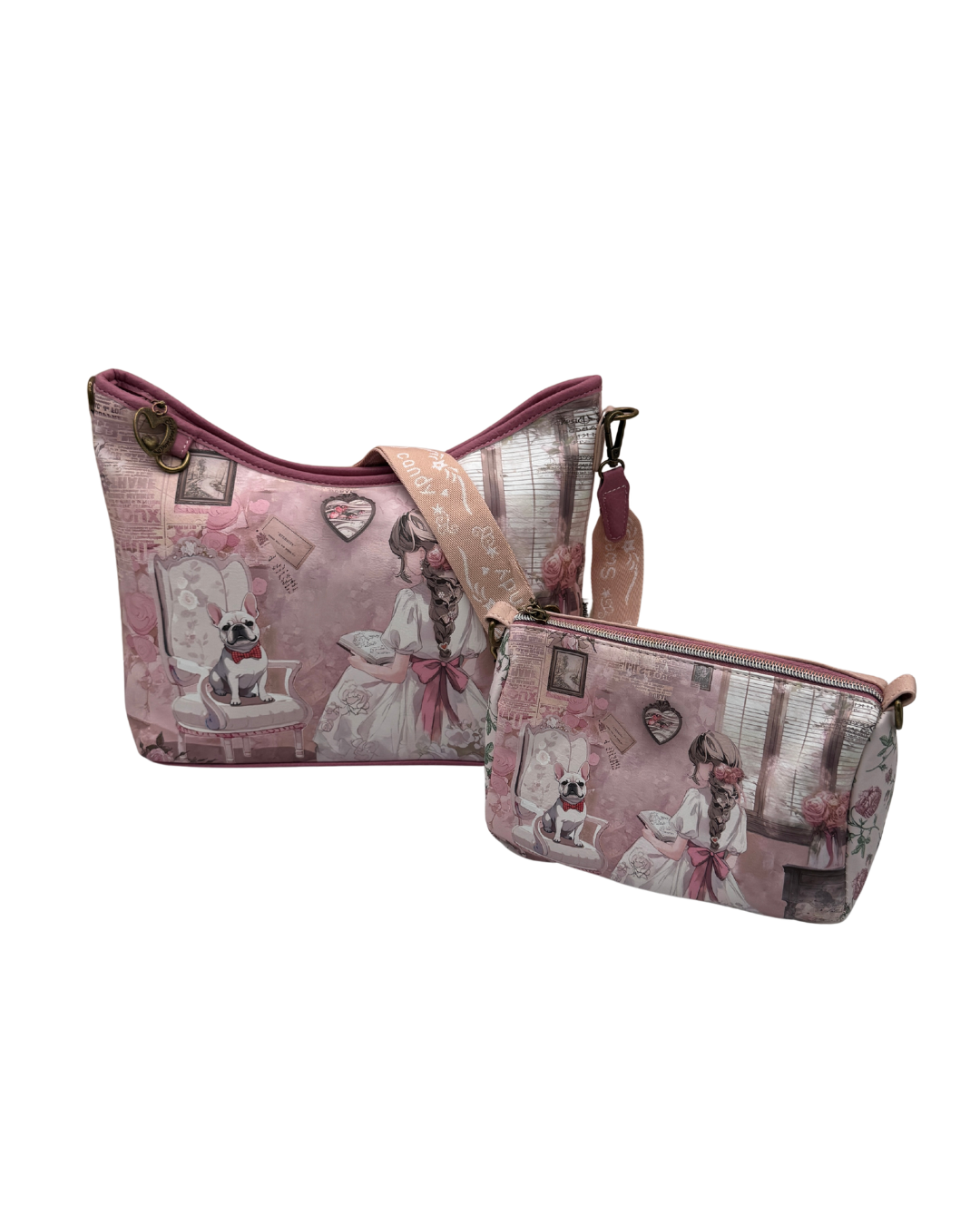 Bolso de Hombro Bandolera Sweet Candy para Mujer - Incluye Neceser Interior - Diseño Vintage con Perrito