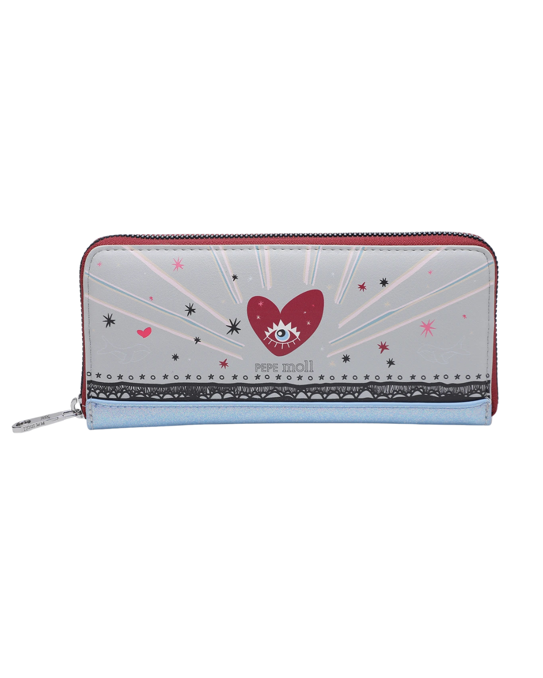 Cartera Grande Pepe Moll con Diseño de Corazón y Acabado Brillo - Gris y Azul
