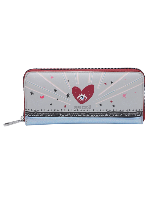 Cartera Grande Pepe Moll con Diseño de Corazón y Acabado Brillo - Gris y Azul