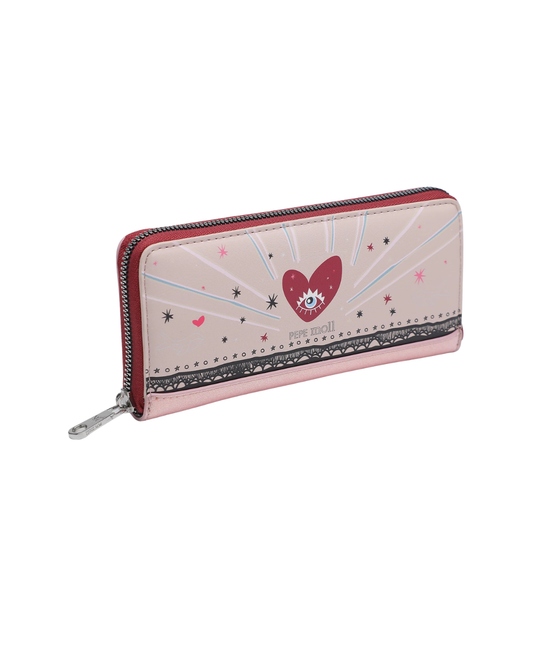 Cartera Grande Pepe Moll con Diseño de Corazón y Acabado Brillo - Gris y Rosa