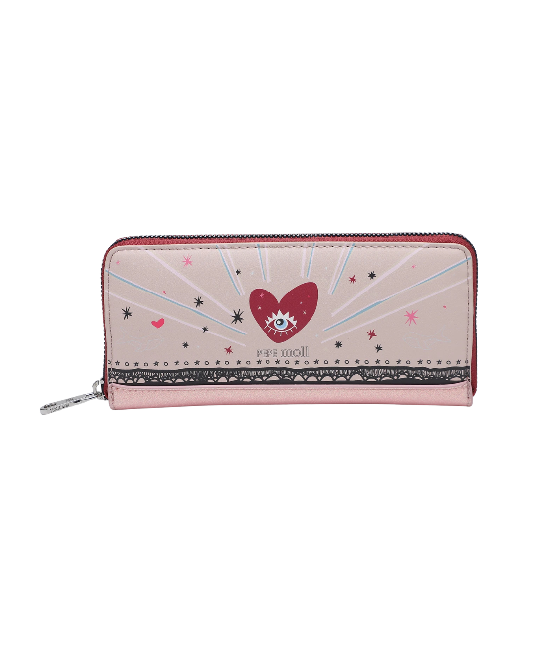 Cartera Grande Pepe Moll con Diseño de Corazón y Acabado Brillo - Gris y Rosa