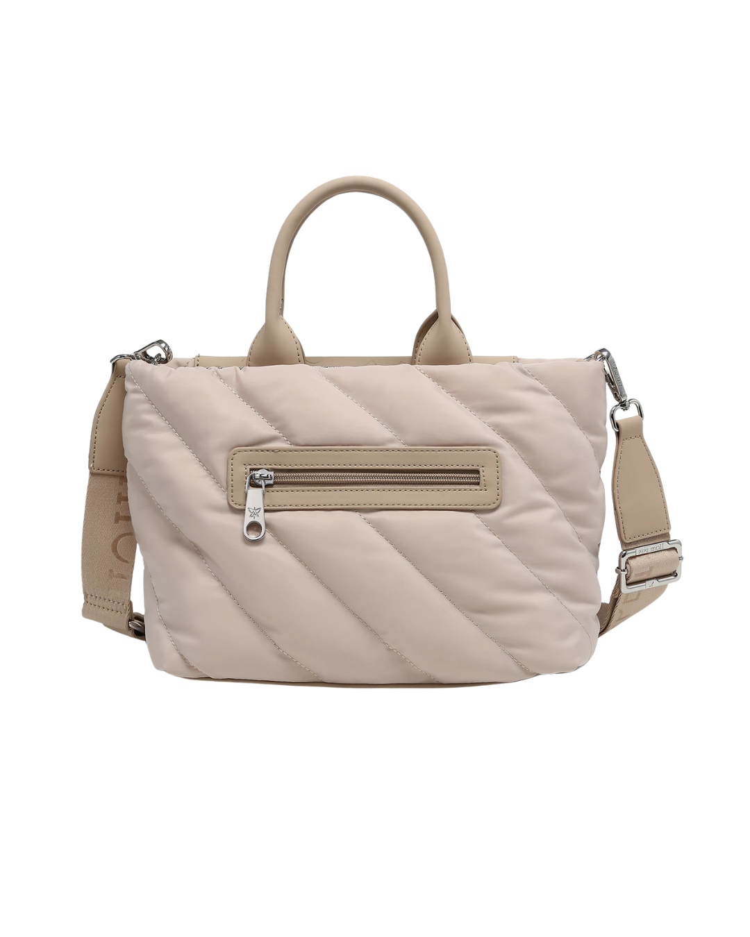 Bolso Pepe Moll Acolchado Beige con Doble Asa y Bandolera Logotipada de Mano y Bandolera