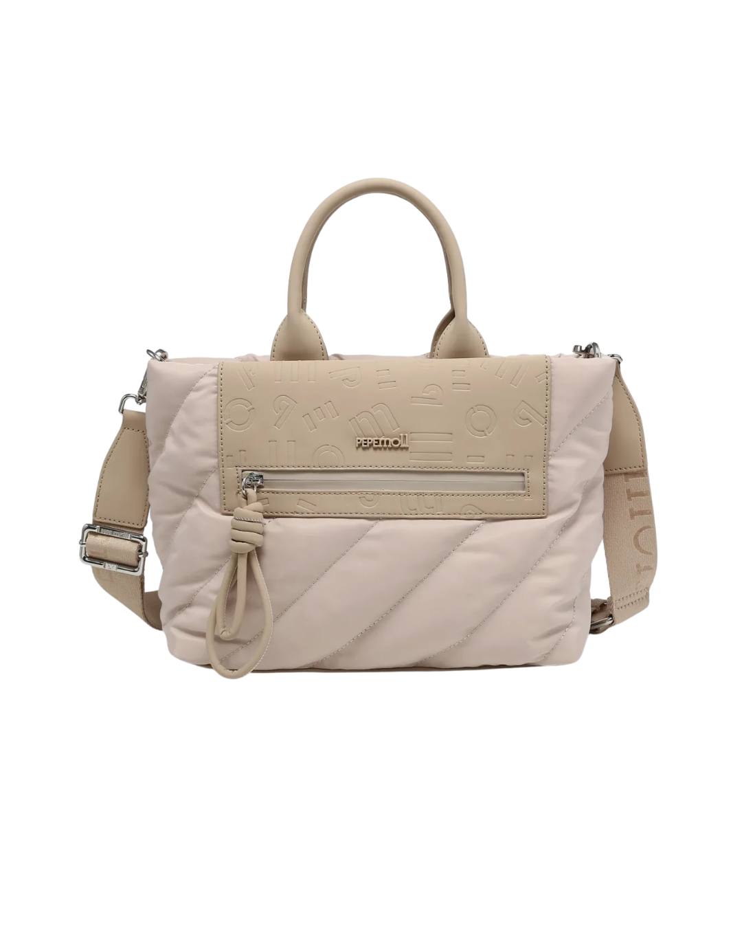 Bolso Pepe Moll Acolchado Beige con Doble Asa y Bandolera Logotipada de Mano y Bandolera