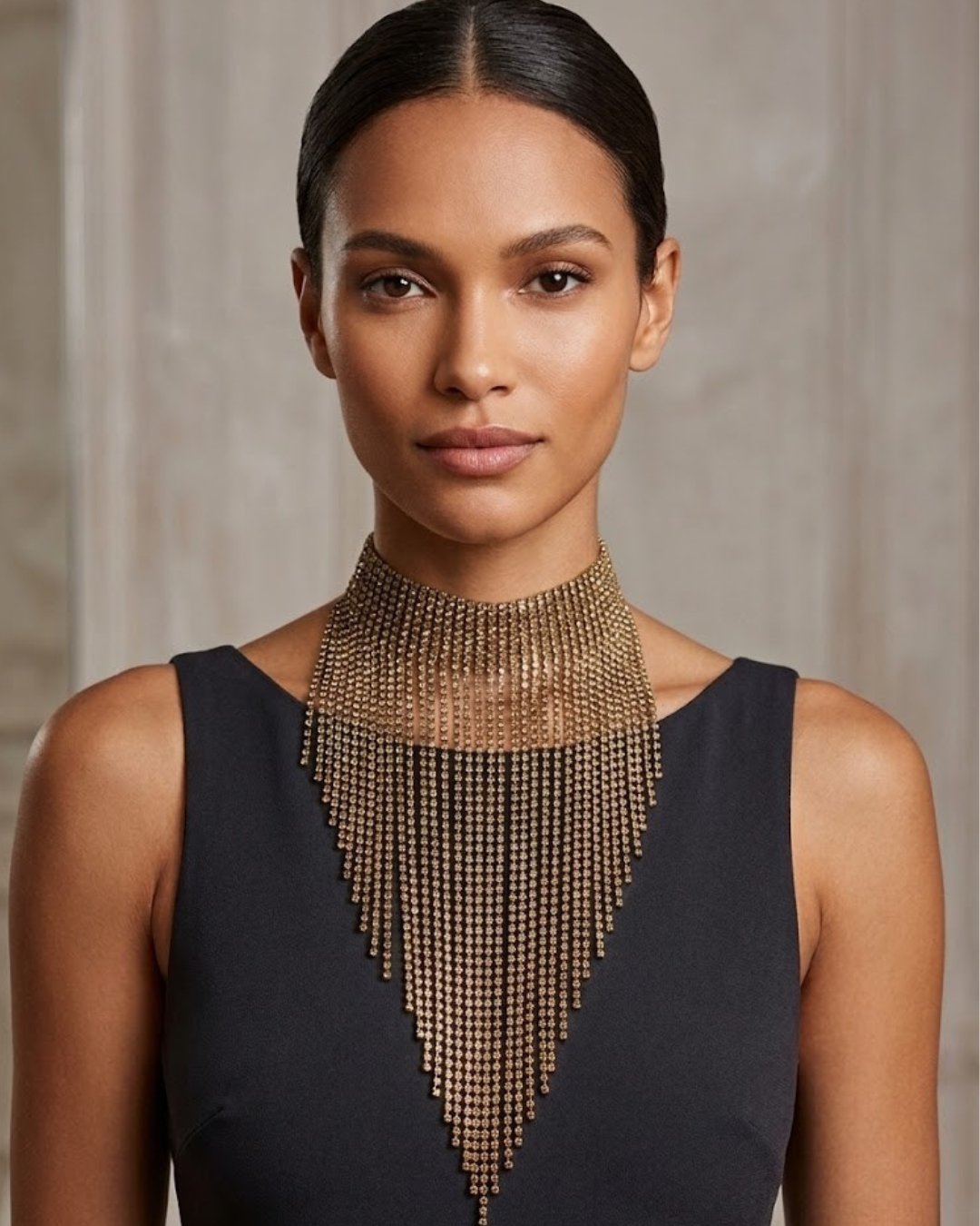 "Modelo luciendo un collar choker de flecos largos en color oro viejo con incrustaciones de cristales sobre un vestido negro."
