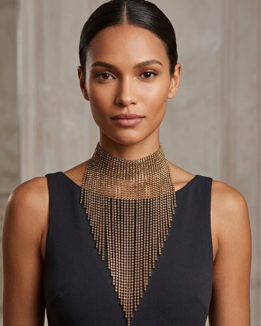 "Modelo luciendo un collar choker de flecos largos en color oro viejo con incrustaciones de cristales sobre un vestido negro."