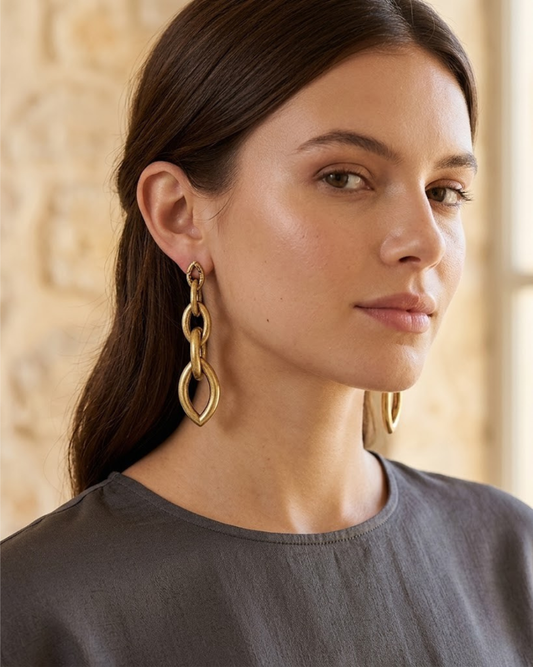Pendientes de Eslabones Largos en Acero Dorado | Pendientes Colgantes Estilo Cadena